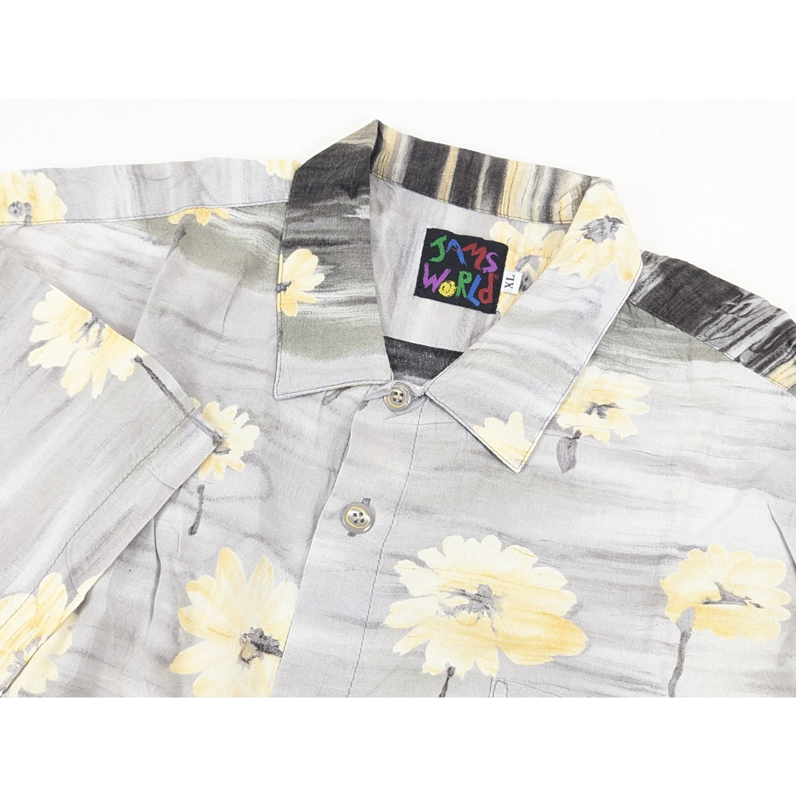 Jams World Shirt Rare Aloha Mens Xl Coal Flower Rayon Hawaiian Grey Yellow